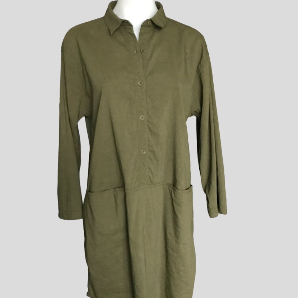 Eileen Fisher XS Dress Linen Button front Pockets High Low hem size XS